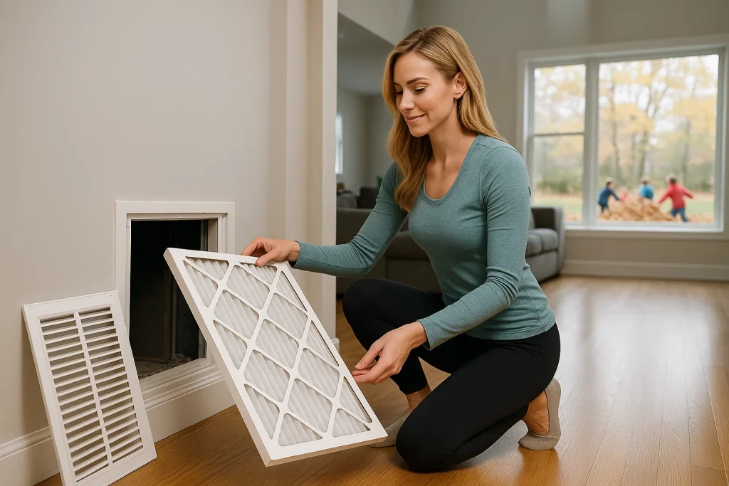 A woman changing her air filter in her hallway, air exchange unit