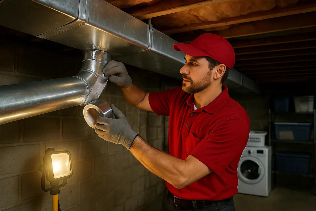 Red Rock Mechanical technician sealing leaky ductwork in a cold Vermont basement to improve heating efficiency.