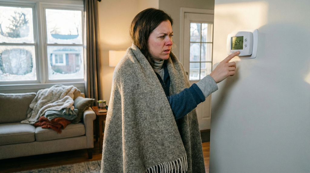 a cold woman wrapped in a blanket and checking her thermostat to see if it's working. The thermostat reads 64.