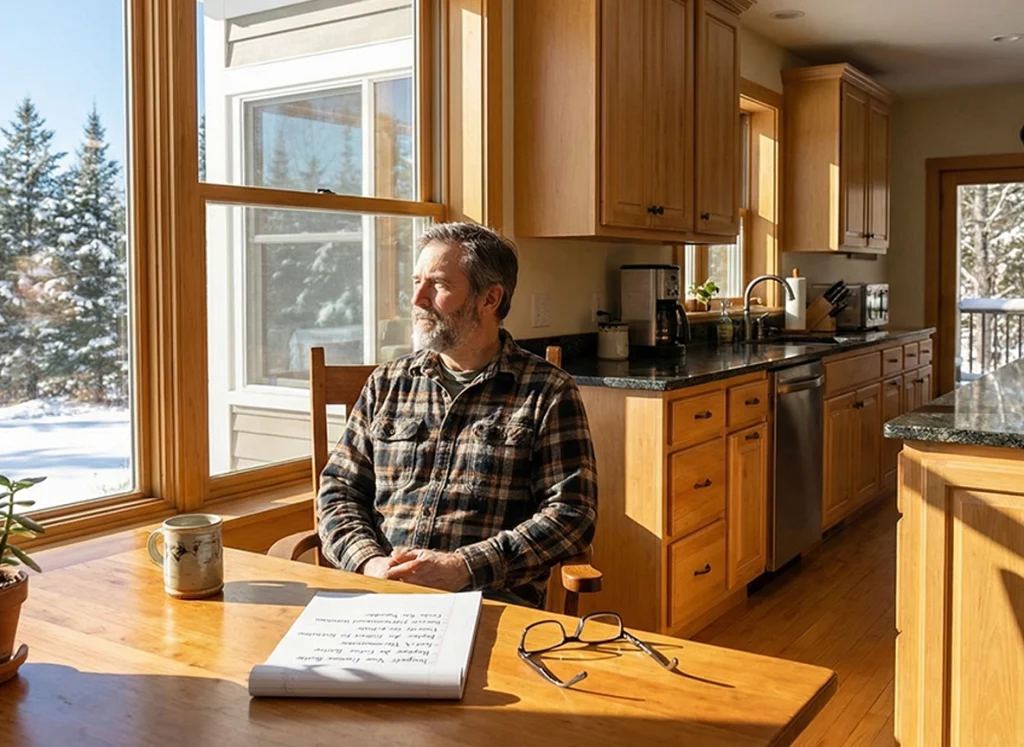 Homeowner in cozy Vermont kitchen on sunny January day, viewing snowy landscape, with winter heating maintenance to-do list on table notepad.
