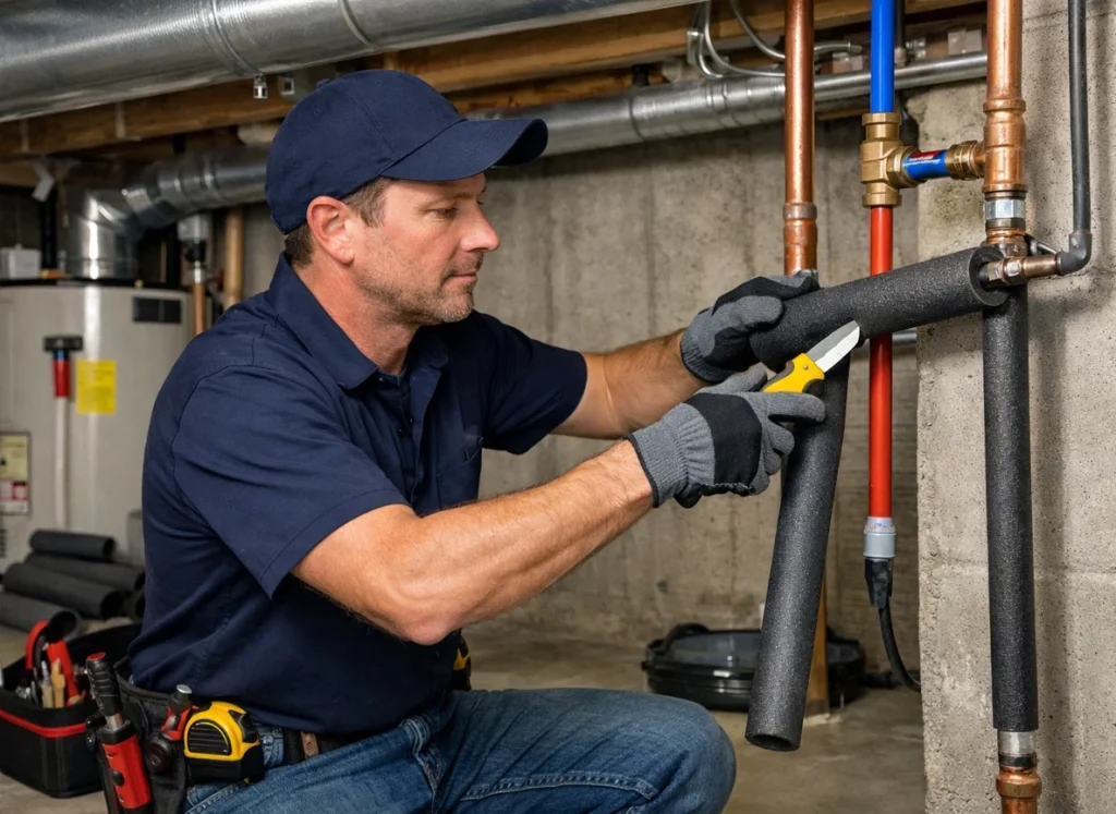 Plumber insulating exposed basement pipes to prevent freezing