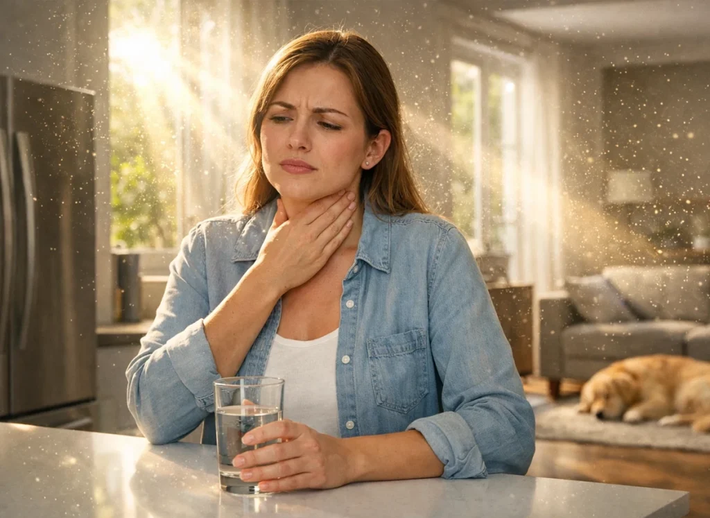 A woman holding her throat because her allergies are acting up in her throat is sore.