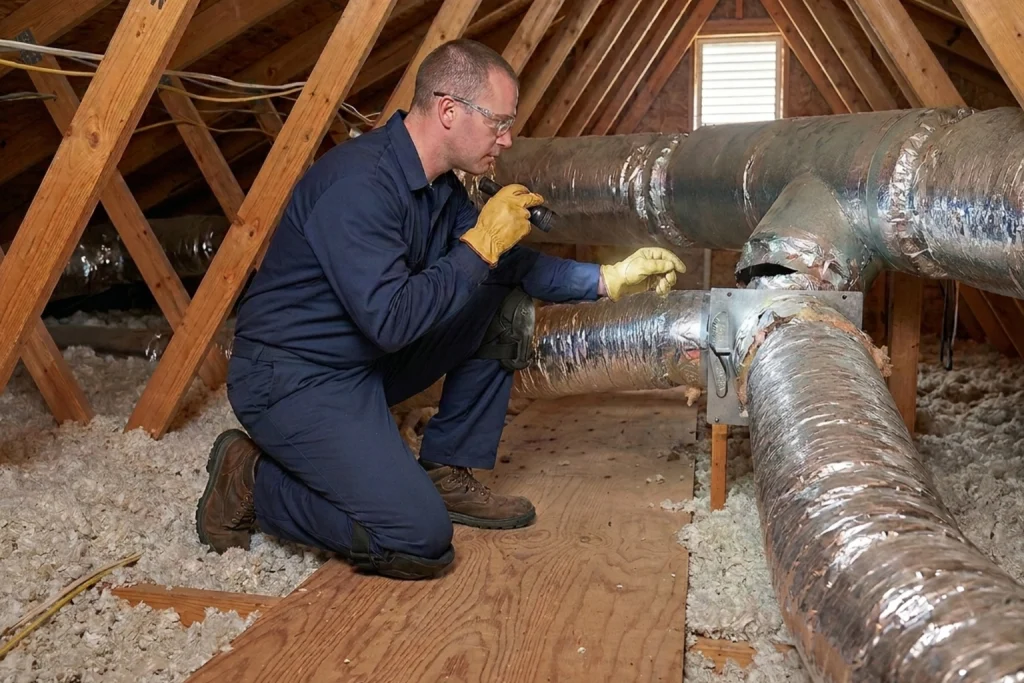 Technician inspecting ductwork and insulation for uneven comfort
