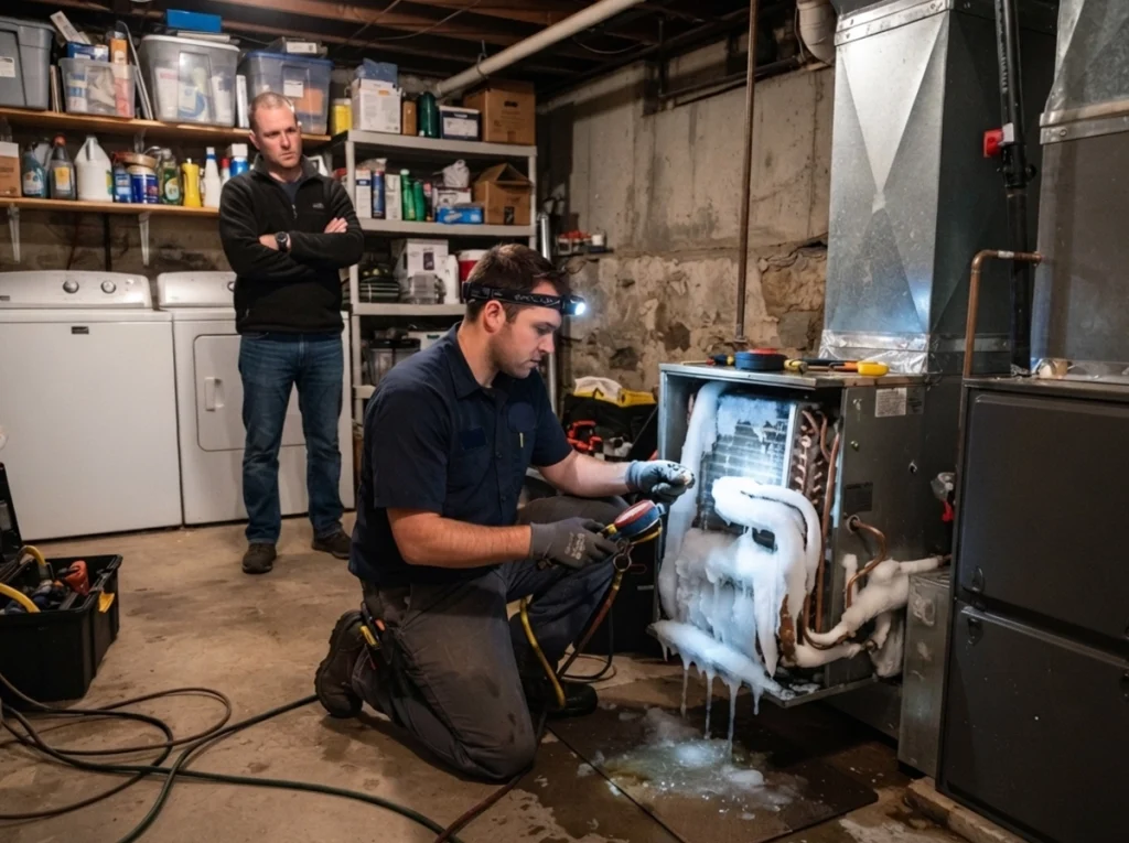 A Red Rocks HVAC tech servicing an iced over AC unit.