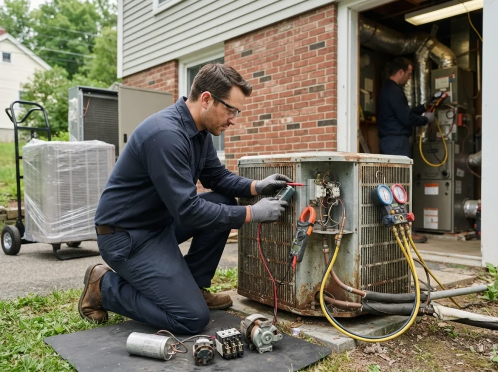 HVAC technician evaluating an older air conditioner for replacement