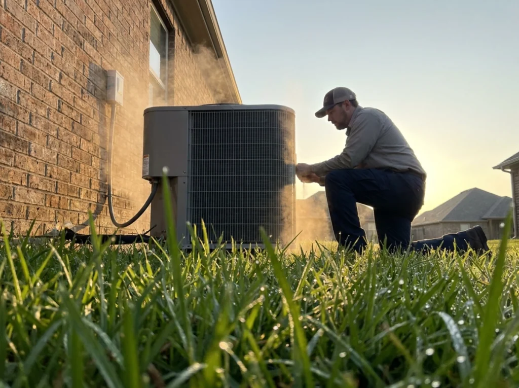 An HVAC tech on the side of a homeowners house, servicing an AC unit.